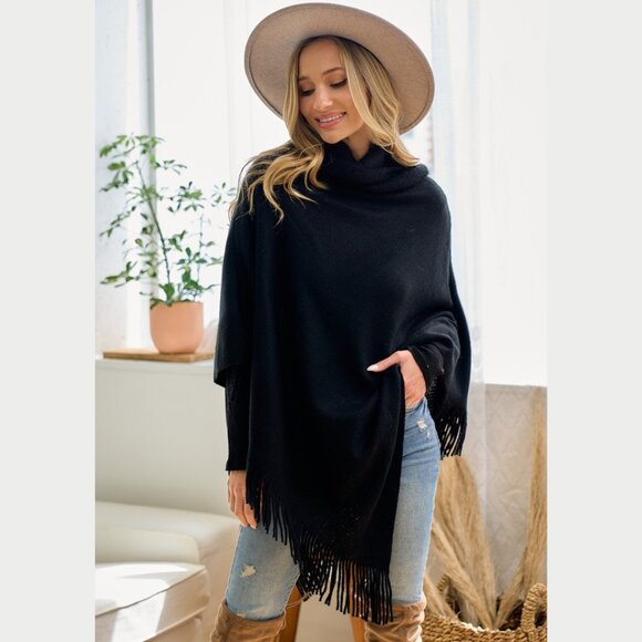 ON BLUE Black Light Weight Cowl Neck Poncho - Picture 3 of 16